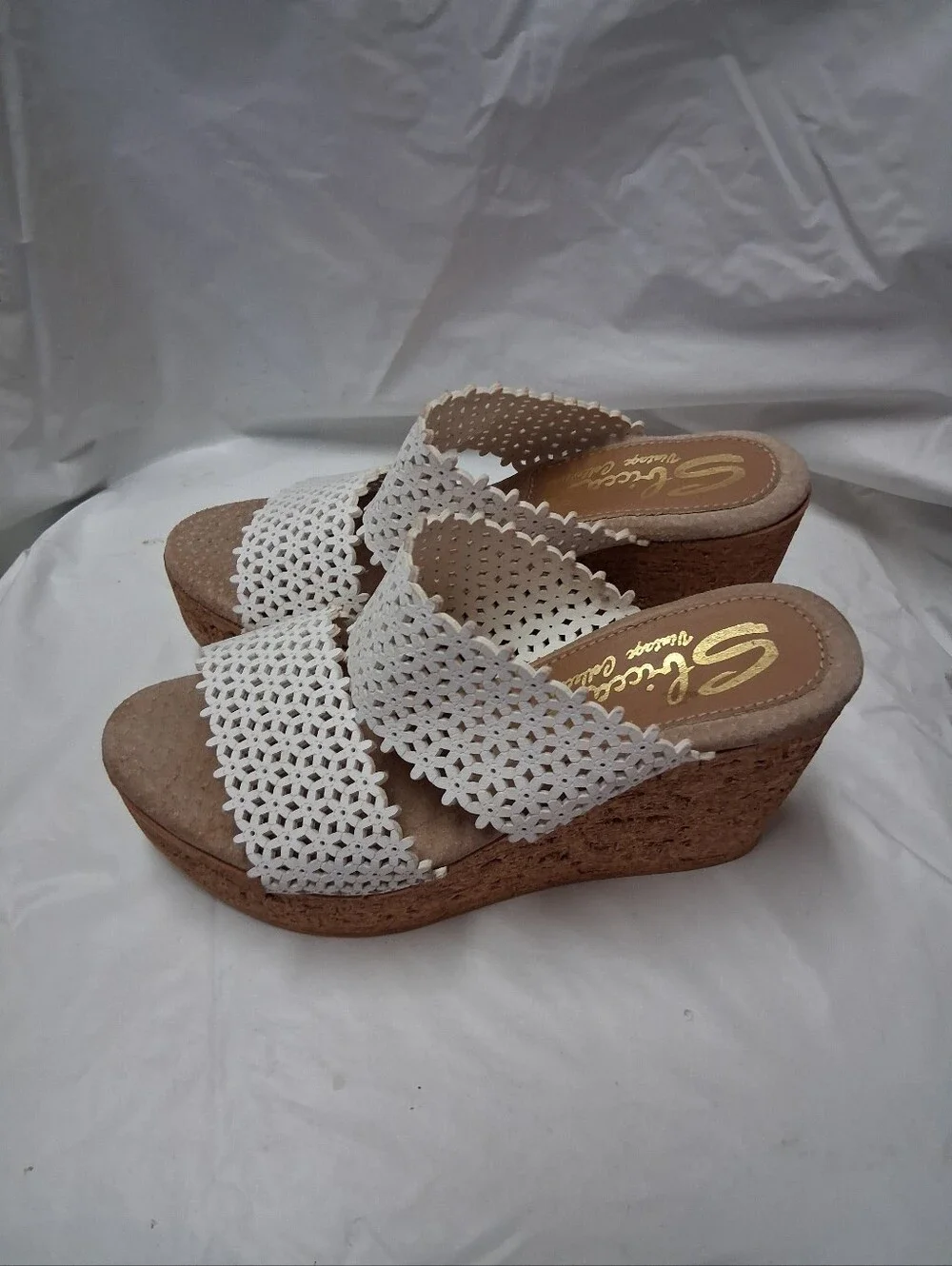 Sbicca White Woven Cork Wedge Slide Sandals Women's Size 6M Preowned